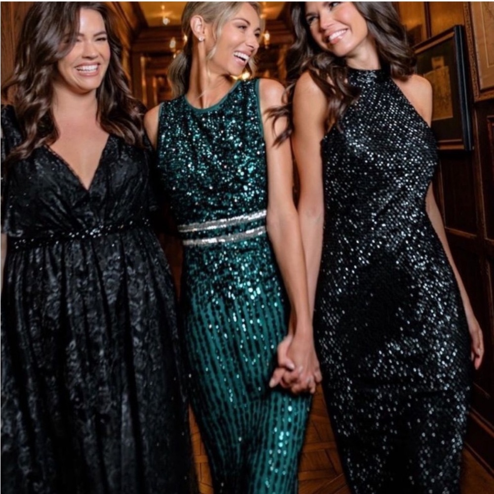 Mac Duggal Emerald High Neck Beaded Midi Sheath Dress